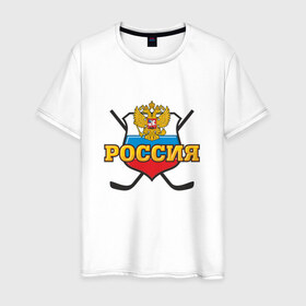 Мужская футболка хлопок с принтом Hockey. Russian team. в Петрозаводске, 100% хлопок | прямой крой, круглый вырез горловины, длина до линии бедер, слегка спущенное плечо. | Тематика изображения на принте: медведь | россия | русский | хоккей | чемпион | шайба