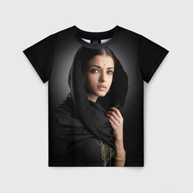 Детская футболка 3D с принтом Индусская девушка в Петрозаводске, 100% гипоаллергенный полиэфир | прямой крой, круглый вырез горловины, длина до линии бедер, чуть спущенное плечо, ткань немного тянется | индия | индусская девушка | красивая | фон | черный