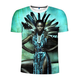 Мужская футболка 3D спортивная с принтом Африканская девушка в Петрозаводске, 100% полиэстер с улучшенными характеристиками | приталенный силуэт, круглая горловина, широкие плечи, сужается к линии бедра | африка | африканская девушка | в перьях | модель | перья