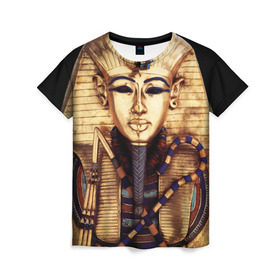Женская футболка 3D с принтом Хатшепсут в Петрозаводске, 100% полиэфир ( синтетическое хлопкоподобное полотно) | прямой крой, круглый вырез горловины, длина до линии бедер | египет | женщина | золото | маска | фараон египта | хатшепсут