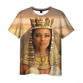 Мужская футболка 3D с принтом Клеопатра в Петрозаводске, 100% полиэфир | прямой крой, круглый вырез горловины, длина до линии бедер | египет | египетская | закат | золото | клеопатра | корона | песок | пирамиды | пустыня | солнце | царица