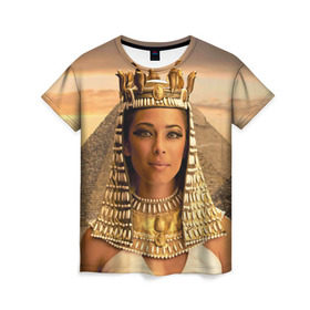 Женская футболка 3D с принтом Клеопатра в Петрозаводске, 100% полиэфир ( синтетическое хлопкоподобное полотно) | прямой крой, круглый вырез горловины, длина до линии бедер | египет | египетская | закат | золото | клеопатра | корона | песок | пирамиды | пустыня | солнце | царица