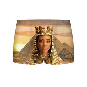 Мужские трусы 3D с принтом Клеопатра в Петрозаводске, 50% хлопок, 50% полиэстер | классическая посадка, на поясе мягкая тканевая резинка | египет | египетская | закат | золото | клеопатра | корона | песок | пирамиды | пустыня | солнце | царица