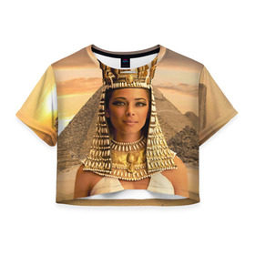 Женская футболка 3D укороченная с принтом Клеопатра в Петрозаводске, 100% полиэстер | круглая горловина, длина футболки до линии талии, рукава с отворотами | египет | египетская | закат | золото | клеопатра | корона | песок | пирамиды | пустыня | солнце | царица
