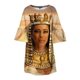 Детское платье 3D с принтом Клеопатра в Петрозаводске, 100% полиэстер | прямой силуэт, чуть расширенный к низу. Круглая горловина, на рукавах — воланы | Тематика изображения на принте: египет | египетская | закат | золото | клеопатра | корона | песок | пирамиды | пустыня | солнце | царица