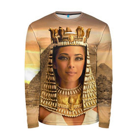 Мужской лонгслив 3D с принтом Клеопатра в Петрозаводске, 100% полиэстер | длинные рукава, круглый вырез горловины, полуприлегающий силуэт | египет | египетская | закат | золото | клеопатра | корона | песок | пирамиды | пустыня | солнце | царица