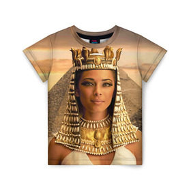 Детская футболка 3D с принтом Клеопатра в Петрозаводске, 100% гипоаллергенный полиэфир | прямой крой, круглый вырез горловины, длина до линии бедер, чуть спущенное плечо, ткань немного тянется | египет | египетская | закат | золото | клеопатра | корона | песок | пирамиды | пустыня | солнце | царица