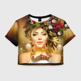 Женская футболка 3D укороченная с принтом Чудо девушка в Петрозаводске, 100% полиэстер | круглая горловина, длина футболки до линии талии, рукава с отворотами | волшебница | волшебство | звезды | новый год | подарки | празник | фея | чудо девушка