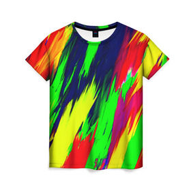 Женская футболка 3D с принтом Краска в Петрозаводске, 100% полиэфир ( синтетическое хлопкоподобное полотно) | прямой крой, круглый вырез горловины, длина до линии бедер | rainbow | краска | прикольные | радуга | текстуры | штрихи