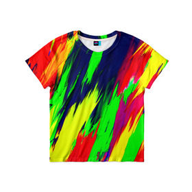 Детская футболка 3D с принтом Краска в Петрозаводске, 100% гипоаллергенный полиэфир | прямой крой, круглый вырез горловины, длина до линии бедер, чуть спущенное плечо, ткань немного тянется | rainbow | краска | прикольные | радуга | текстуры | штрихи
