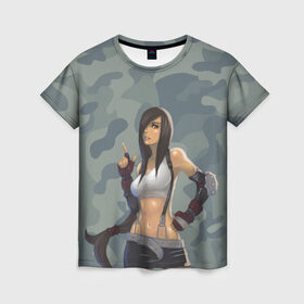 Женская футболка 3D с принтом Военная девушка в Петрозаводске, 100% полиэфир ( синтетическое хлопкоподобное полотно) | прямой крой, круглый вырез горловины, длина до линии бедер | девушка | камуфляж | рисунок