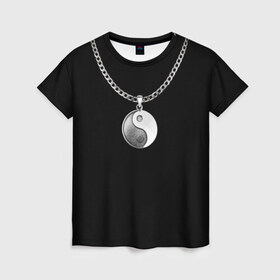 Женская футболка 3D с принтом Инь янь в Петрозаводске, 100% полиэфир ( синтетическое хлопкоподобное полотно) | прямой крой, круглый вырез горловины, длина до линии бедер | инь ян | медальон | цепь