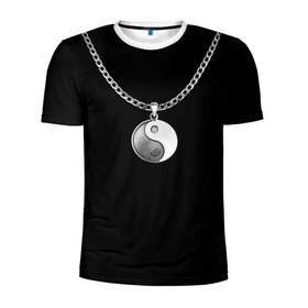 Мужская футболка 3D спортивная с принтом Инь янь в Петрозаводске, 100% полиэстер с улучшенными характеристиками | приталенный силуэт, круглая горловина, широкие плечи, сужается к линии бедра | инь ян | медальон | цепь