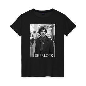 Женская футболка хлопок с принтом SHERLOCK 2 в Петрозаводске, 100% хлопок | прямой крой, круглый вырез горловины, длина до линии бедер, слегка спущенное плечо | sherlock | шерлок | шерлок холмс
