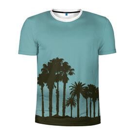 Мужская футболка 3D спортивная с принтом Пальмы в Петрозаводске, 100% полиэстер с улучшенными характеристиками | приталенный силуэт, круглая горловина, широкие плечи, сужается к линии бедра | деревья | пальмы | пляж | трафарет