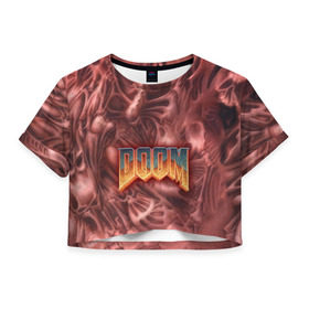 Женская футболка 3D укороченная с принтом Doom (Classic) в Петрозаводске, 100% полиэстер | круглая горловина, длина футболки до линии талии, рукава с отворотами | 90 | олдскул | скелет | череп