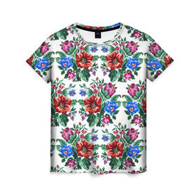 Женская футболка 3D с принтом Flowers on white в Петрозаводске, 100% полиэфир ( синтетическое хлопкоподобное полотно) | прямой крой, круглый вырез горловины, длина до линии бедер | цветы