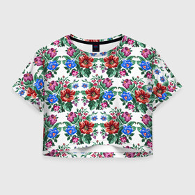 Женская футболка 3D укороченная с принтом Flowers on white в Петрозаводске, 100% полиэстер | круглая горловина, длина футболки до линии талии, рукава с отворотами | цветы