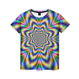 Женская футболка 3D с принтом Красочная иллюзия в Петрозаводске, 100% полиэфир ( синтетическое хлопкоподобное полотно) | прямой крой, круглый вырез горловины, длина до линии бедер | гипноз | движение | красочный фон | обман зрения | оптическая иллюзия | погружение | текстура | фокус