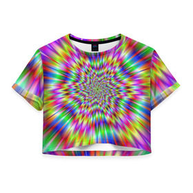 Женская футболка 3D укороченная с принтом Спектральная иллюзия в Петрозаводске, 100% полиэстер | круглая горловина, длина футболки до линии талии, рукава с отворотами | взрыв | гипноз | движение | краски | красочный фон | обман зрения | оптическая иллюзия | погружение | текстура | фокус | цветовой спектр