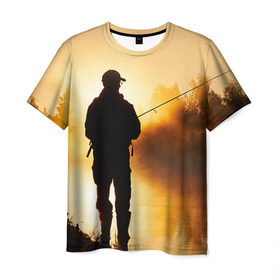 Мужская футболка 3D с принтом Рыбак в Петрозаводске, 100% полиэфир | прямой крой, круглый вырез горловины, длина до линии бедер | грузило | карась | лодка | окунь | природа | река | рыбак | рыболов | снасти | туризм | щука