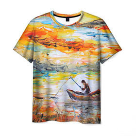 Мужская футболка 3D с принтом Рыбак на лодке в Петрозаводске, 100% полиэфир | прямой крой, круглый вырез горловины, длина до линии бедер | грузило | карась | лодка | окунь | природа | река | рыбак | рыболов | снасти | туризм | щука