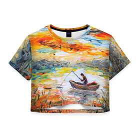 Женская футболка 3D укороченная с принтом Рыбак на лодке в Петрозаводске, 100% полиэстер | круглая горловина, длина футболки до линии талии, рукава с отворотами | грузило | карась | лодка | окунь | природа | река | рыбак | рыболов | снасти | туризм | щука