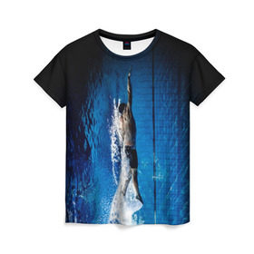Женская футболка 3D с принтом Пловец в Петрозаводске, 100% полиэфир ( синтетическое хлопкоподобное полотно) | прямой крой, круглый вырез горловины, длина до линии бедер | аква | бассейн | ныряльщик | соревнования | спорт