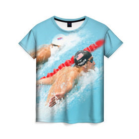 Женская футболка 3D с принтом Michael Phelps в Петрозаводске, 100% полиэфир ( синтетическое хлопкоподобное полотно) | прямой крой, круглый вырез горловины, длина до линии бедер | фелпс