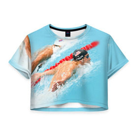 Женская футболка 3D укороченная с принтом Michael Phelps в Петрозаводске, 100% полиэстер | круглая горловина, длина футболки до линии талии, рукава с отворотами | фелпс
