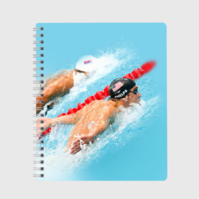 Тетрадь с принтом Michael Phelps в Петрозаводске, 100% бумага | 48 листов, плотность листов — 60 г/м2, плотность картонной обложки — 250 г/м2. Листы скреплены сбоку удобной пружинной спиралью. Уголки страниц и обложки скругленные. Цвет линий — светло-серый
 | фелпс