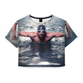 Женская футболка 3D укороченная с принтом Пловец в Петрозаводске, 100% полиэстер | круглая горловина, длина футболки до линии талии, рукава с отворотами | 