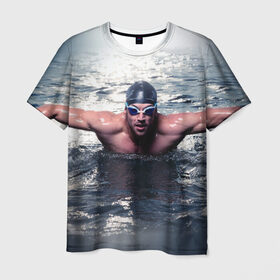 Мужская футболка 3D с принтом Пловец в Петрозаводске, 100% полиэфир | прямой крой, круглый вырез горловины, длина до линии бедер | 