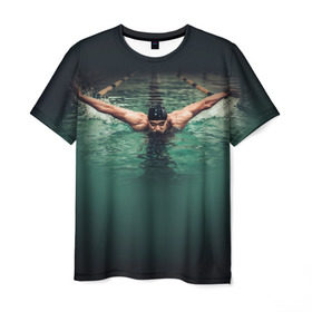 Мужская футболка 3D с принтом Пловец в Петрозаводске, 100% полиэфир | прямой крой, круглый вырез горловины, длина до линии бедер | 