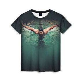 Женская футболка 3D с принтом Пловец в Петрозаводске, 100% полиэфир ( синтетическое хлопкоподобное полотно) | прямой крой, круглый вырез горловины, длина до линии бедер | 
