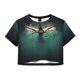 Женская футболка 3D укороченная с принтом Пловец в Петрозаводске, 100% полиэстер | круглая горловина, длина футболки до линии талии, рукава с отворотами | 