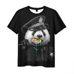 Мужская футболка 3D с принтом Панда и карамель в Петрозаводске, 100% полиэфир | прямой крой, круглый вырез горловины, длина до линии бедер | панда | черно белый