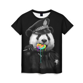Женская футболка 3D с принтом Панда и карамель в Петрозаводске, 100% полиэфир ( синтетическое хлопкоподобное полотно) | прямой крой, круглый вырез горловины, длина до линии бедер | панда | черно белый