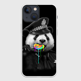 Чехол для iPhone 13 mini с принтом Панда и карамель в Петрозаводске,  |  | панда | черно белый