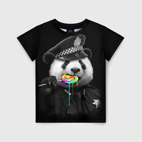 Детская футболка 3D с принтом Панда и карамель в Петрозаводске, 100% гипоаллергенный полиэфир | прямой крой, круглый вырез горловины, длина до линии бедер, чуть спущенное плечо, ткань немного тянется | панда | черно белый
