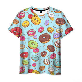 Мужская футболка 3D с принтом Пончики Пончики в Петрозаводске, 100% полиэфир | прямой крой, круглый вырез горловины, длина до линии бедер | Тематика изображения на принте: пончик