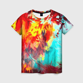 Женская футболка 3D с принтом Абстракция красок в Петрозаводске, 100% полиэфир ( синтетическое хлопкоподобное полотно) | прямой крой, круглый вырез горловины, длина до линии бедер | rainbow | краска | прикольные | радуга | текстуры | штрихи