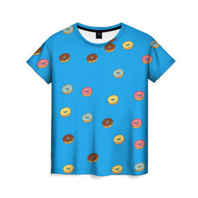Женская футболка 3D с принтом Пончики в Петрозаводске, 100% полиэфир ( синтетическое хлопкоподобное полотно) | прямой крой, круглый вырез горловины, длина до линии бедер | donut | гомер | еда | пончики | симпсон | фаст