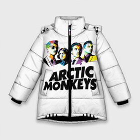 Зимняя куртка для девочек 3D с принтом Arctic Monkeys 2 в Петрозаводске, ткань верха — 100% полиэстер; подклад — 100% полиэстер, утеплитель — 100% полиэстер. | длина ниже бедра, удлиненная спинка, воротник стойка и отстегивающийся капюшон. Есть боковые карманы с листочкой на кнопках, утяжки по низу изделия и внутренний карман на молнии. 

Предусмотрены светоотражающий принт на спинке, радужный светоотражающий элемент на пуллере молнии и на резинке для утяжки. | am | arctic | arctic monkeys | monkeys | rock | алекс тёрнер | амы | арктические мартышки | джейми кук | мартышки | мэтт хелдерс. ам | ник омэлли | ник о’мэлли | рок