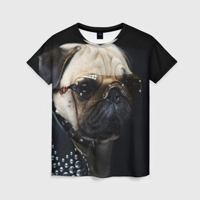 Женская футболка 3D с принтом Бульдог в очках в Петрозаводске, 100% полиэфир ( синтетическое хлопкоподобное полотно) | прямой крой, круглый вырез горловины, длина до линии бедер | бульдог в очках | домашнее | животное | клепки | кожа | металлист | очки | пес | прикол | рокер | собака | умный | ученый | французский