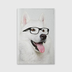 Обложка для паспорта матовая кожа с принтом Собака в очках в Петрозаводске, натуральная матовая кожа | размер 19,3 х 13,7 см; прозрачные пластиковые крепления | Тематика изображения на принте: домашнее | животное | очки | пес | прикол | собака в очках | умный | ученый
