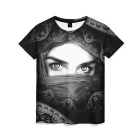 Женская футболка 3D с принтом Восточная девушка в Петрозаводске, 100% полиэфир ( синтетическое хлопкоподобное полотно) | прямой крой, круглый вырез горловины, длина до линии бедер | взгляд | восточная девушка | глаза | красивая | никаб | орнамент | узоры | хиджаб