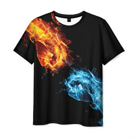 Мужская футболка 3D с принтом Синее и красное пламя в Петрозаводске, 100% полиэфир | прямой крой, круглый вырез горловины, длина до линии бедер | кулак | огонь