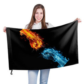 Флаг 3D с принтом Синее и красное пламя в Петрозаводске, 100% полиэстер | плотность ткани — 95 г/м2, размер — 67 х 109 см. Принт наносится с одной стороны | кулак | огонь