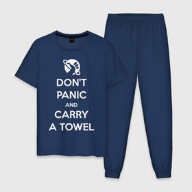 Мужская пижама хлопок с принтом Dont panic в Петрозаводске, 100% хлопок | брюки и футболка прямого кроя, без карманов, на брюках мягкая резинка на поясе и по низу штанин
 | автостопом по галактике